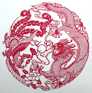中国雑貨 燕京百貨 中華切り絵 龍と鳳凰（赤）