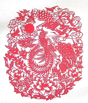 中華切り絵 百鳥図(赤)